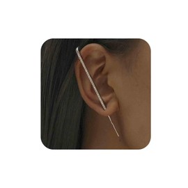 Aneneiceera Boho Crystal Rod Ear Pin Earrings, CZ Edgy Pin Hook Cuff Earrings, Long Ear Cuff Wrap Earrings, Geometric Crawler Hook Earrings, Jewelry for Women, Zinc