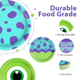 60Pcs Monster Birthday Party Paper Plates -Monster Birthday Party Supplies 9" Disposable Green and Purple Cartoon Paper Plates for Monster Theme Par-ty Decorations