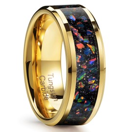 Holizaly Men's 8MM gold tungsten steel galaxy ring inlaid with gold foil marriage promise chamfered shiny surface comfortable fit size 7-14 with gift box (8MM-Tungsten-Gold1, 7)