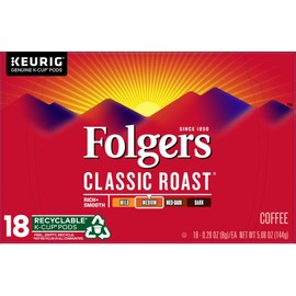Folgers Classic Roast, Medium Roast Coffee K-Cup Pods for Keurig K-Cup Brewers, 18 Count, Packaging May Vary