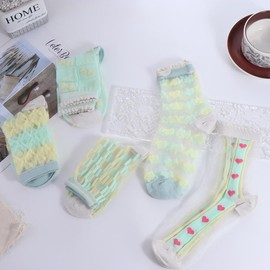 Kopida Womens Sheer Socks for Summer, Transparent Thin Mesh Lace Elastic Crystal Glass Heart Print Crew Socks, Fresh Thin Glass Silk Lace Sock