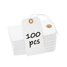 Uniclife 100 Pcs White Blank Shipping Tags with Elastic String Attached Hanging Paper Tags with Reinforced Eyelet Large Marking Tags Price Tags Gift Tags Inventory Label Tags, 4.7" x 2.36"