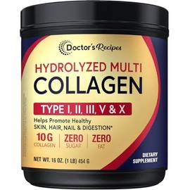 Doctors Recipes Polvo de péptidos de colágeno múltiple para mujeres y hombres, proteína hidrolizada bovina alimentada con pasto tipo I, II, III y VX,