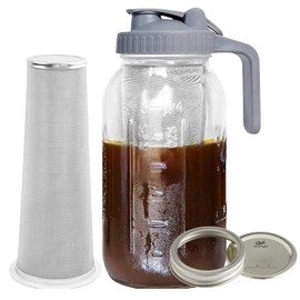 WOODRIVER Cold Brew Mason Jar iced Coffee Maker, Durable Glass, Heavy Duty Stainless Steel Filter, Flip Cap Lid - 64 oz With Handle