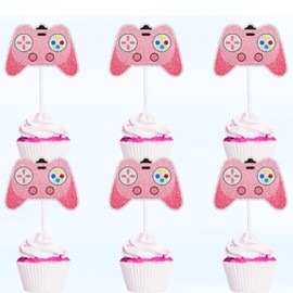 Pink Glitter Video Game Themed Happy Birthday Game Controller Cupcake Toppers 18-Piece Set - Video Game Themed Party, Baby Shower Party Unlockable Level Decoration Both boys and girls will love