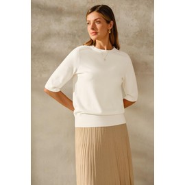 Arach&Cloz Women's 2025 Wool Blend Summer Fall Seamless Tops Crewneck Lightweight Elbow 3/4 Half Short Sleeve Sweater Plus Size Pullover Loose Business Casual Outfits Trendy Shirts Work Office Beige M