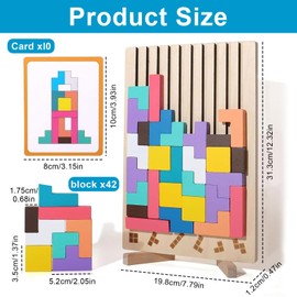 3D Puzzle Tetris Game, Wooden Puzzle Tetris, Wooden Stacking Puzzle Toy, Montessori Toy Game Wood, 3D Brain Puzzle with 10 Cards, Gift for Children from 3 4 5 6 Years