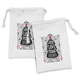 Ambesonne Joy Fabric Pouch Set of 2, Abstract Christmas Tree Pattern with a Tree Topper Curlicues Swirled Lines, Small Drawstring Bag for Toiletries Masks and Favors, 9" x 6", Dark Coral Black White