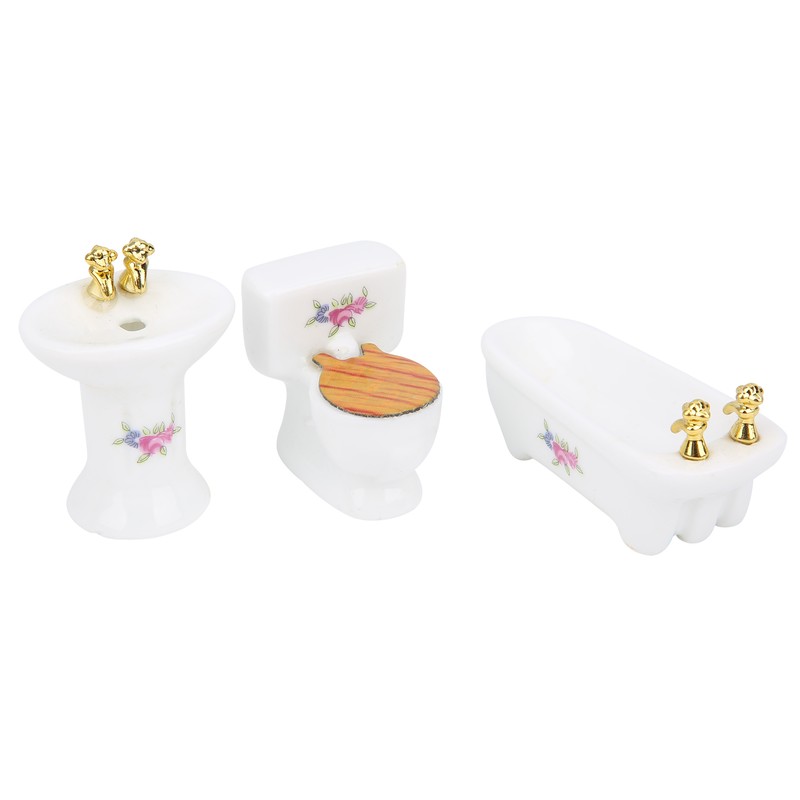 1/24 Dollhouse Miniature Bathroom Set Simulation Ceramic Bathtub Toilet Sink