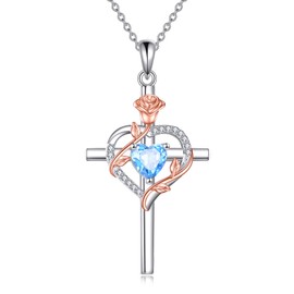 AINFQY Cross Necklace for Women 925 Sterling Silver Rose Heart Crucifix Blue Topaz Pendant December Birthstone Gemstone Anniversary Birthday Christmas Gifts for Mother Wife Sister Her