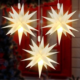 Kingdder 3 Pieces Moravian Star Light LED 3D Star Hanging Light Powered by Battery with Timer Function White Porch Light Holiday Decor for Indoor Outdoor Christmas Trees Balconies Courtyards (18 Inch)