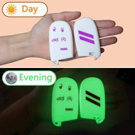 YOSRTER 1 Pc Silicone Key Fob Cover Protector for Challenger Charger Durango Journey Dart Glow in Dark 5 Buttons Key Shell for Dodge Accessories(White Edge Purple Trim)