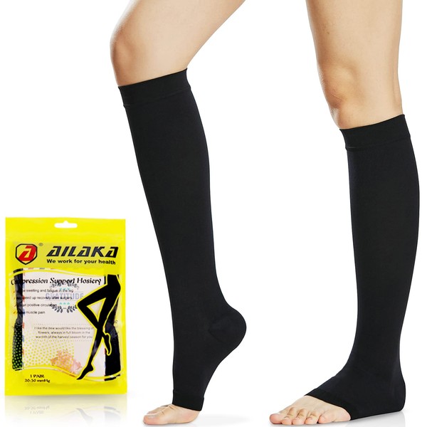 Ailaka 20-30 mmHg Knee High Open Toe Compression Calf Socks for Women and Men, Firm Support Graduated Varicose Veins Hosiery, Travel, Nurses, Pregnancy, Recovery (Black, Medium)