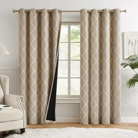 Melodieux 100% Blackout Curtains 96 Inches Long Moroccan Print for Living Room Bedroom, Energy Saving Thermal Insulated Total Sun Blocking Grommet Lined Drapes, 52" W x 96" L, 2 Panels, Tan Beige