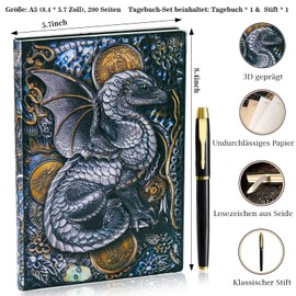 3D Fly Dragon Vintage Diary + Pen Set, A5 Lined Notebook, Personal Organiser, DND Journal, Notebook Planner, Birthday Gift for Men, Women, Adults, Children (Colourful)
