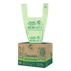 UNNI Compostable T-Shirt Bags with Tie Handles, 2.6 Gallon / 9.84 Liter, 50 Count, 0.68 mil Small Kitchen Caddy Liners, Certified by BPI, CMA & OK compost HOME, Meets ASTM D6400