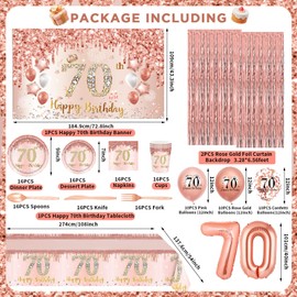 70th Birthday Decorations for Women 152PCS Rose Gold 70th Birthday Party Supplies Includes Happy 70th Birthday Banner Balloons Plates Napkins Tablecloth Tableware Set for 70 Year Old Birthday Decor