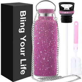 WINCHERRIA - Botella de agua con diamantes de imitación, botella de agua con purpurina, rosa, regalos brillantes para mujeres, vasos brillantes con 2 tapas de estilo y cadena de 55 pulgadas (rosa)