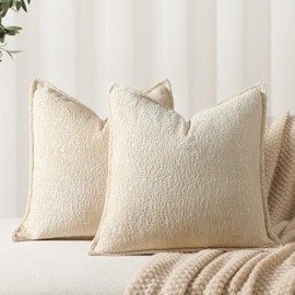 DEZENE Pack of 2 Beige Decorative Throw Pillow Covers 18x18 Cozy Soft Chenille Boho Accent Vintage Farmhouse Square Couch Pillow Covers for Home Decor Bed Sofa Living Room