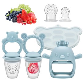 Chupete de Frutas,Mordedor sin BPA para Niños,Guante de Silicona para La Dentición con Alimentador de Fruta y Bandeja para Congelador (Azul)