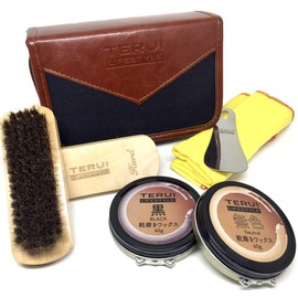 TERUI Lifestyle Shoe Polishing Set, Easy Shoe Care, Starter, Black, Compatible with All Colors, Leather Shoes, Easy Care, Maintenance, Shoe Polishing, 7-Piece Set, PU Leather Case, Natural Bristle Brush Included, Braun