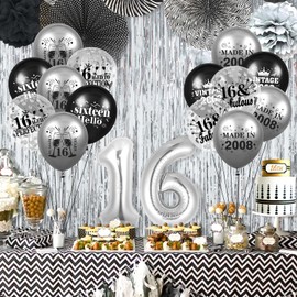 16th Birthday Balloons Decorations 18pcs Black Silver VINTAGE 2008 Happy 16th Birthday Party Latex Confetti Balloons for Kids Boys Girls 16th Anniversary Happy Birthday Party Decor Supplies 12 inches