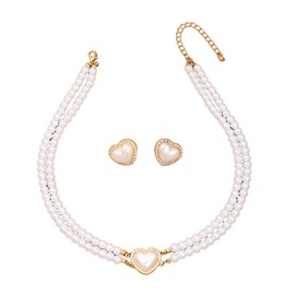 Dishowme Crystal Heart Necklace Earrings Sets 3Pcs Vintage Pearl Collar Necklace Layered Rhinestone Love Heart Beads Jewelry Sets for Women