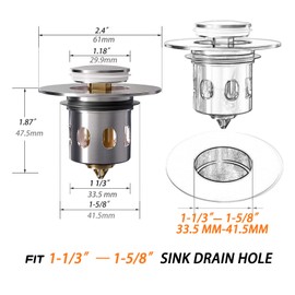 Brass Pop Up Sink Stopper for Bathroom Sink Brushed Nickel, Large Drain Stopper with Detachable Basket Anti-Clogging and Drains Fast for 1-1/3 to 1-5/8'' Drain Holes