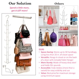 Over Door and Closet Purse Hanger Organizer- 12++ Max Purse Storage, Bag Holder Rotates 360, Quality Heavy Duty Chrome Holds 50lbs; Purses, Handbags, Totes, Crossbody, Backpacks, Fanny, Belt Bags