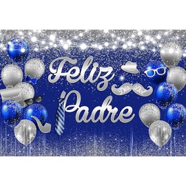 MEHOFOND 7x5ft Feliz Dia Del Padre Backdrop Blue and Silver Father's Day Party Decor Spanish Happy Fathers Day Banner Glitter Fairy String Light Tie Balloons Photography Background Party Supplies