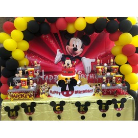 VV Backdrop Happy Birthday Mickey Mouse Theme 7x5 Vintage Black and Red Mickey Mouse Background for Kids First Birthday Vinyl Sparkly Red Backgrounds Mickey Mouse for Party
