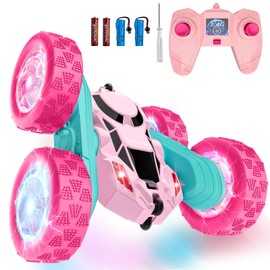 Hamdol Pink Remote Control Car for Girls, Double Sided with Shining Headlights & Wheel Lights, Girl Princess Toys, Rechargeable Toy Car for 6-7 6-8 9 10-12 Year Old Girls Birthday