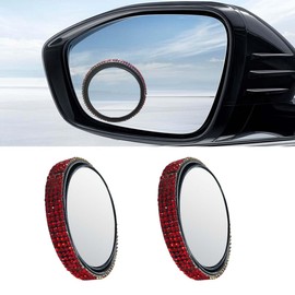 2PCS Automotive Rearview Mirror Blind Spot Mirrors - 2'' 360° Adjustable Bling Rhinestone Car Side View Mirror with Frame - HD Glass Round Wide View Angle Convex Mirrors for Car SUV Truck (Red)