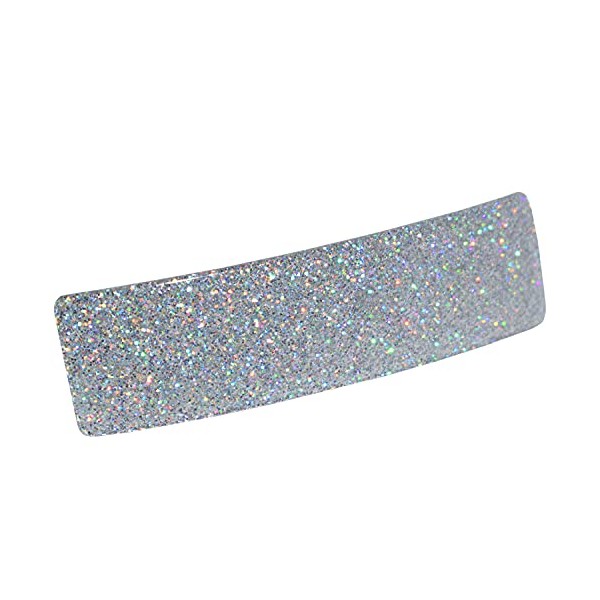 French Amie Rectangular Silver Glitter 3 1/4” Strong Celluloid Acetate Handmade Automatic Hair Clip Barrette with Golden Clasp for Women and Girls, Made in France
