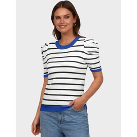 TARSE Striped Tops for Womens Fashion 2024 Summer Trendy Cute Crewneck Puff Short Sleeve Pullover Casual Stripe Oversized Tops for Women Spring Outfits Clothes Large White Black