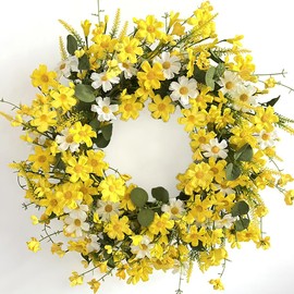 TOCHGREEN Artificial Spring Wreath for Front Door 18Inch Yellow White Daisy Wreath Summer Wildflower Wreath Silk Floral Wreath with Green Eucalyptus Leaves for Farmhouse Window Indoor Outdoor Decor