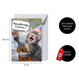 WBdesignz Funny Birthday Card with Envelope - Singing Cat Card Funny Birthday Card (XXL DIN A4, Kitten)