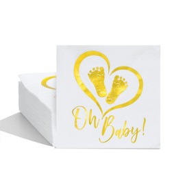Baby Shower Napkins - 50 Pcs White Disposable Paper Luncheon Cocktail Napkins with Gold Foil "Oh Baby & Footprints" Folded 5"x5" for Baby Shower Party