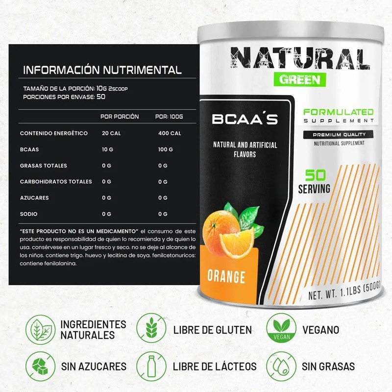 Bcaas Aminoácidos Natural Green 500g 50 Servicios Sabores