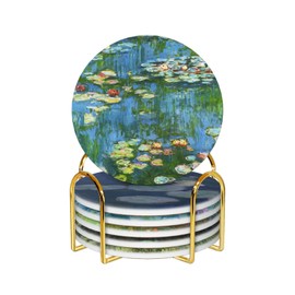 VIDOJI Ceramic Absorbent Coasters for Drinks with Golden Holder Cork Base Art Coasters Set of 6 - Use 6 Famous Claude Monet Paintings, Unique Housewarming Gifts for Home Decorative
