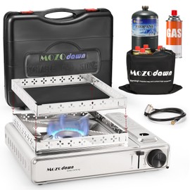 MOZODAWN Dual Fuel Camp Stove with Butane and Propane Compatibility, 10500 BTU Portable Camping Stove with Carrying Case, Storage Bag, Adapter Hose, Wind Guard, Outdoor Camping Essentials