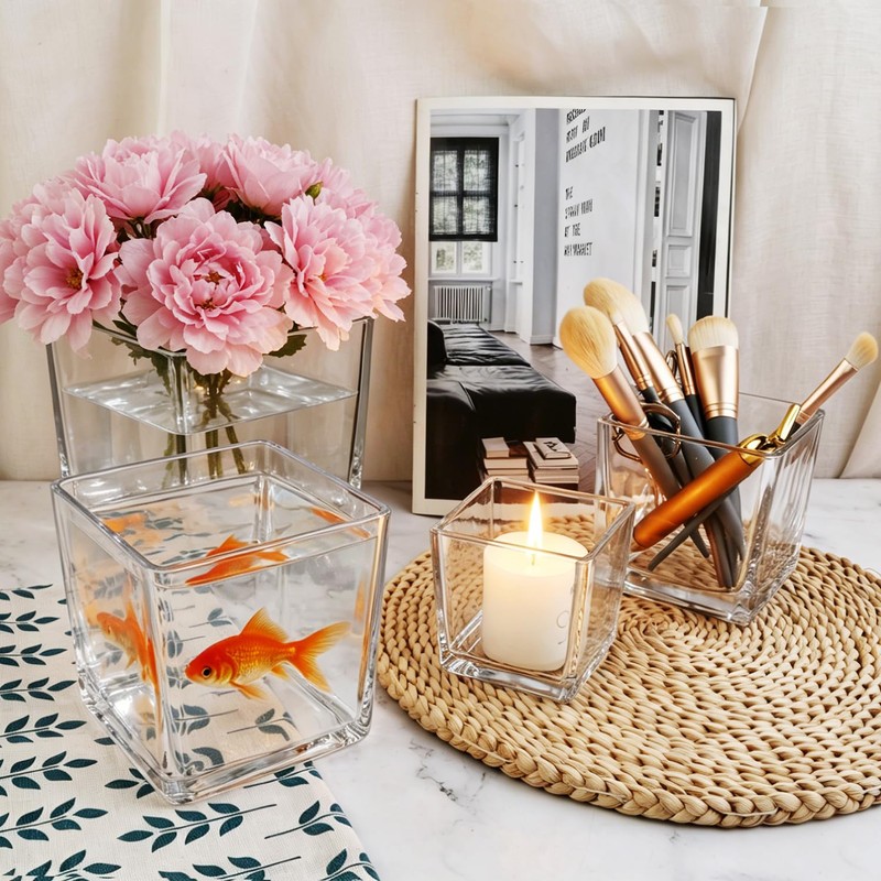 Square Glass Vase, Clear Glass Cube Makeup Brush Holder, Multi-Purpose