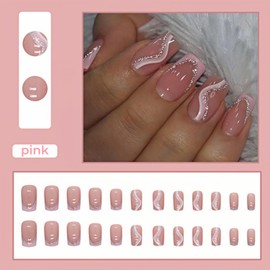 24PCS Square False Nails - Medium Length Pink French Tip with Glitter Silver Swirl Design, Press-On Full Cover Acrylic Nail, Removable Glue-On Fake Nails for Women & Girls Nail Art Accessories