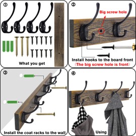 IBosins Wall Mounted Coat Rack, Entryway Hanging , Metal Wood Rack with 4 Black Literary Rustic Hooks Rail for Scarf, Bag, Towel, Key, Cap, Cup, Hat (Brown)