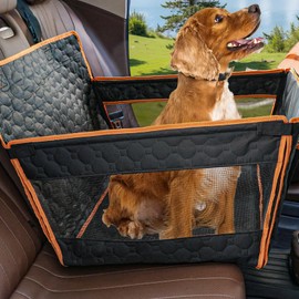 Dog Car Seat for Large Medium Dogs, Dog Car Seat Cover for Back Seat, Foldable Pet CarSeat with Safety Belt, Waterproof Fabric & Breathable Mesh, Back Seat Cover for Dogs Under 40lbs (Large, Orange)