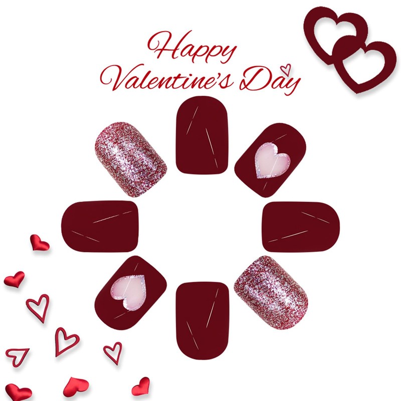 Valentines Press on Short Square Nails 24Pcs Dark Red Love