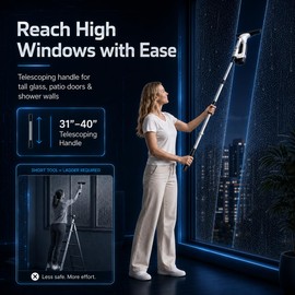 Window Vacuum Squeegee with Long Handle, Cordless Window Vacuum Cleaner, Electric Window Cleaner and Shower Glass Cleaner for Mirrors, High Windows, Tiles, Car Windows, 3000Pa, Type-C