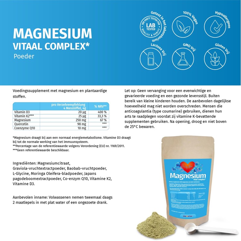 Magnesium Vitalkomplex Pulver mit Magnesium-Citrat, Baobab Fruchtpulver, L-Glycin, Coenzym Q10,
