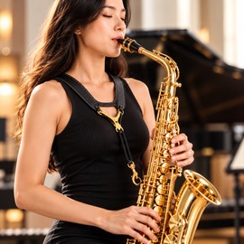 Adjustable Saxophone Shoulder Harness, Breathable Leather Contoured Sax Strap for Comfortable Neck Support, Music Practice & Performances