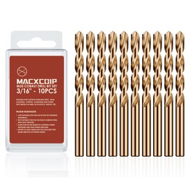 MACXCOIP 3/16" (10pcs) Cobalt Drill Bit Set, M35 High Speed Steel Jobber Length Drill Bit Kit for Hardened Metal, Stainless Steel, Cast Iron, Wood and Plastic, with Index Storage Case